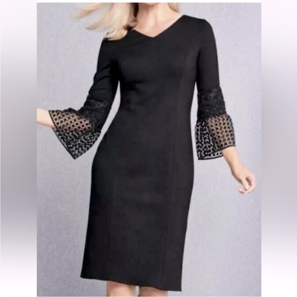 Talbots Crochet Lace Bell Sleeve V-Neck‎ Midi Dress Black Size 4
